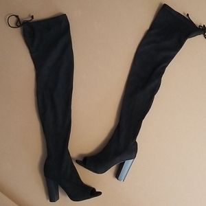 Black Thigh High Boots Block Heel